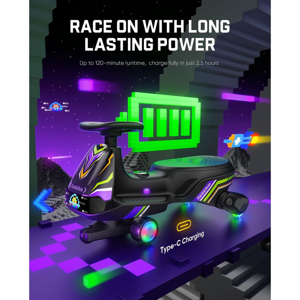 A black electric ride-on toy car with purple and yellow neon accents, shown in a futuristic space-themed setting with glowing battery graphics and charging text.