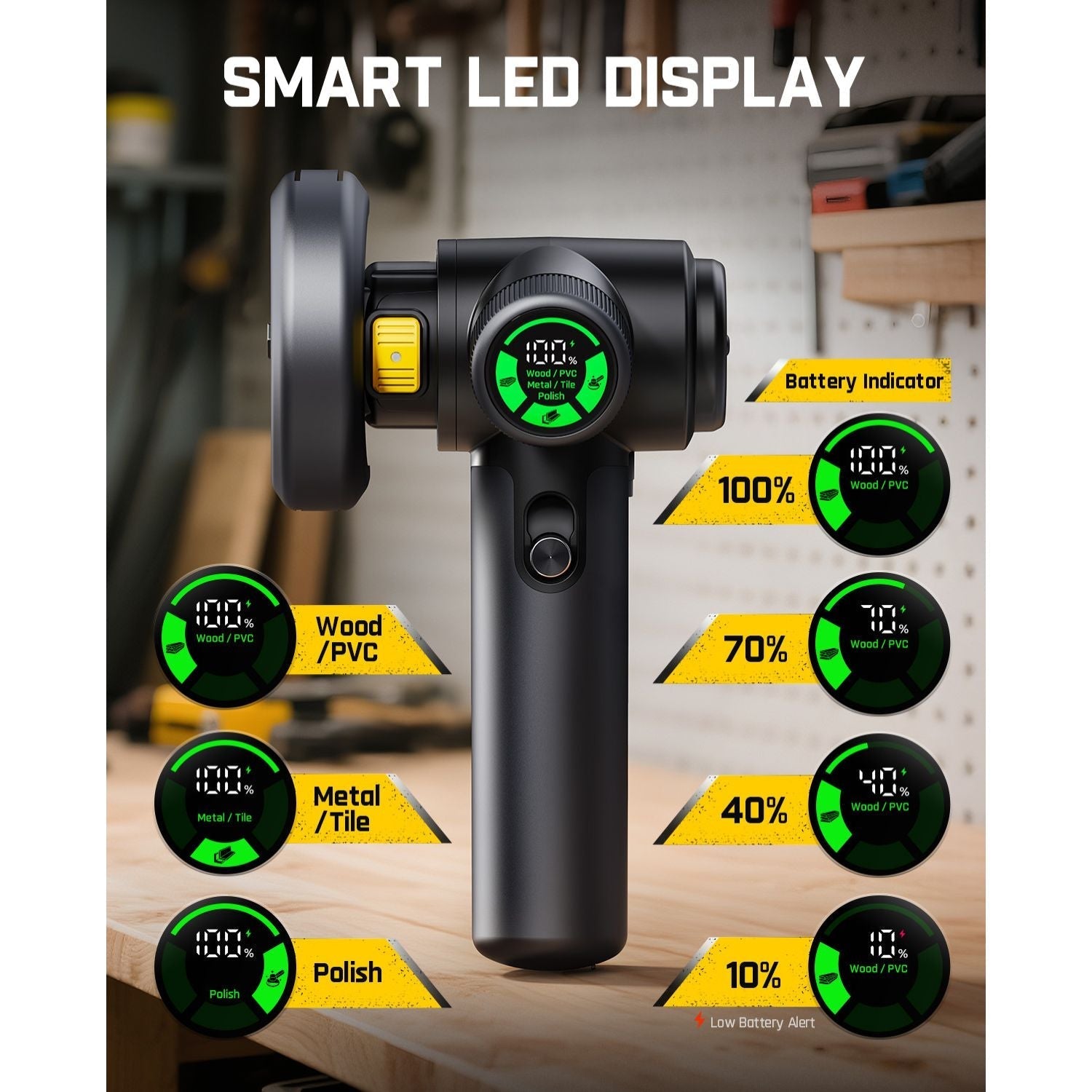 Fanttik M10 ACE angle grinder: Smart LED display shows Wood/PVC, Metal/Tile, Polish modes & battery levels.