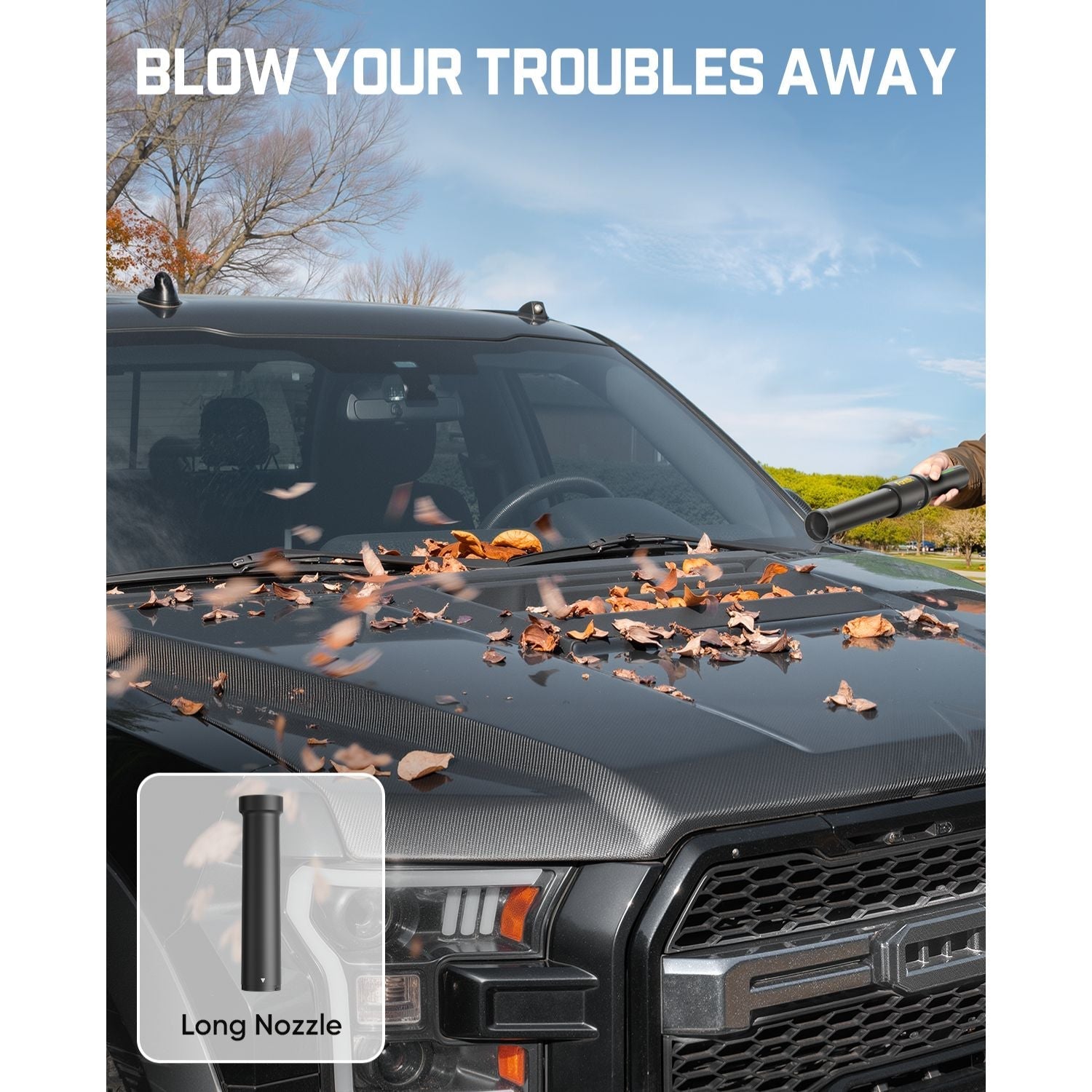 Fanttik BF10 Pro cordless leaf blower clearing leaves from a black truck hood, includes long nozzle attachment.