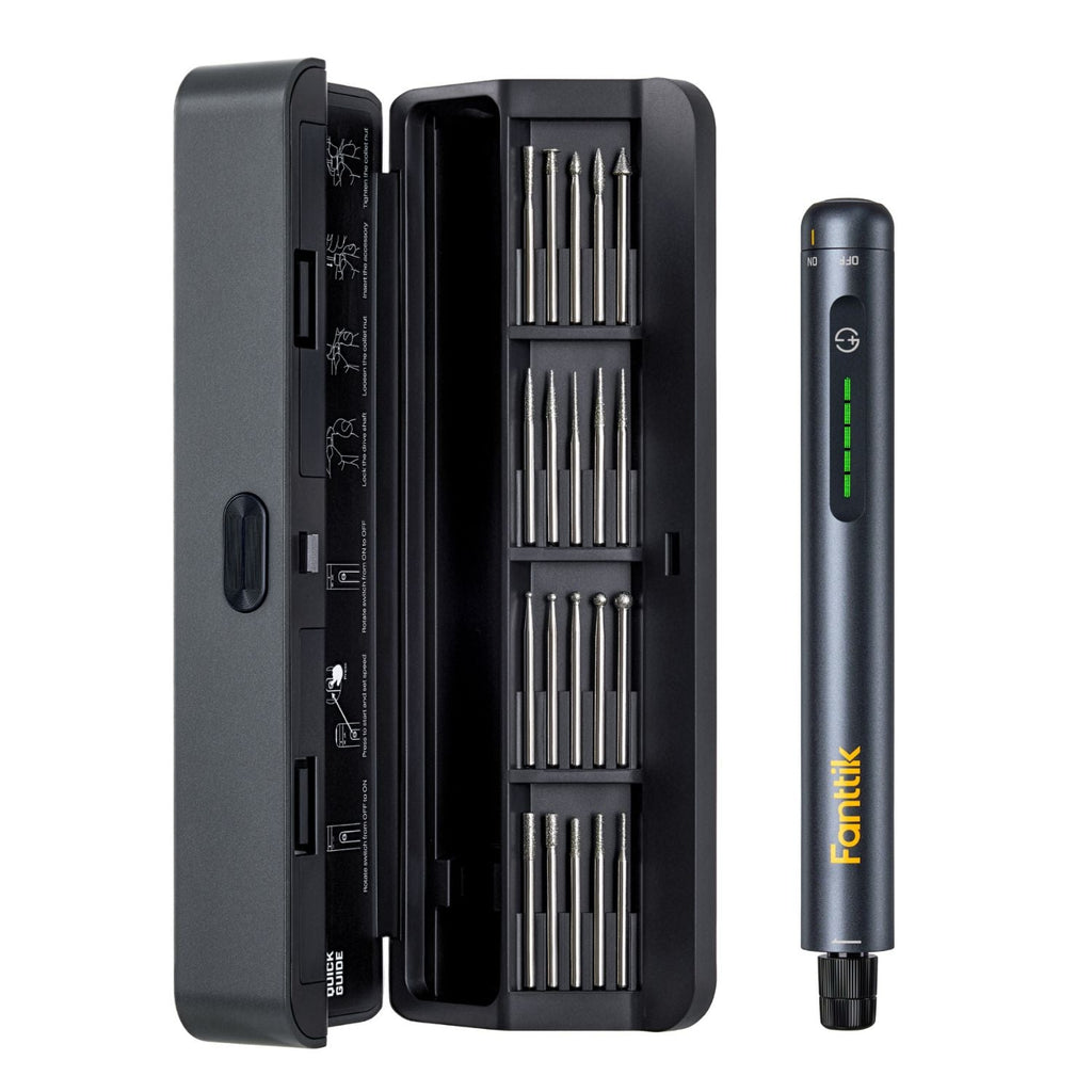 Fanttik F2 Master cordless rotary tool with 20 engraving bits in black storage case
