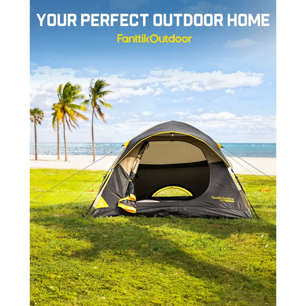 FanttikOutdoor Zeta dome tent on grass by the beach, black and yellow quick-setup camping tent