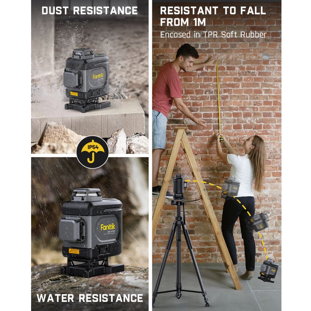 Fanttik D16 APEX laser level showing dust resistance, water resistance, and 1m drop resistance from TPR soft rubber.