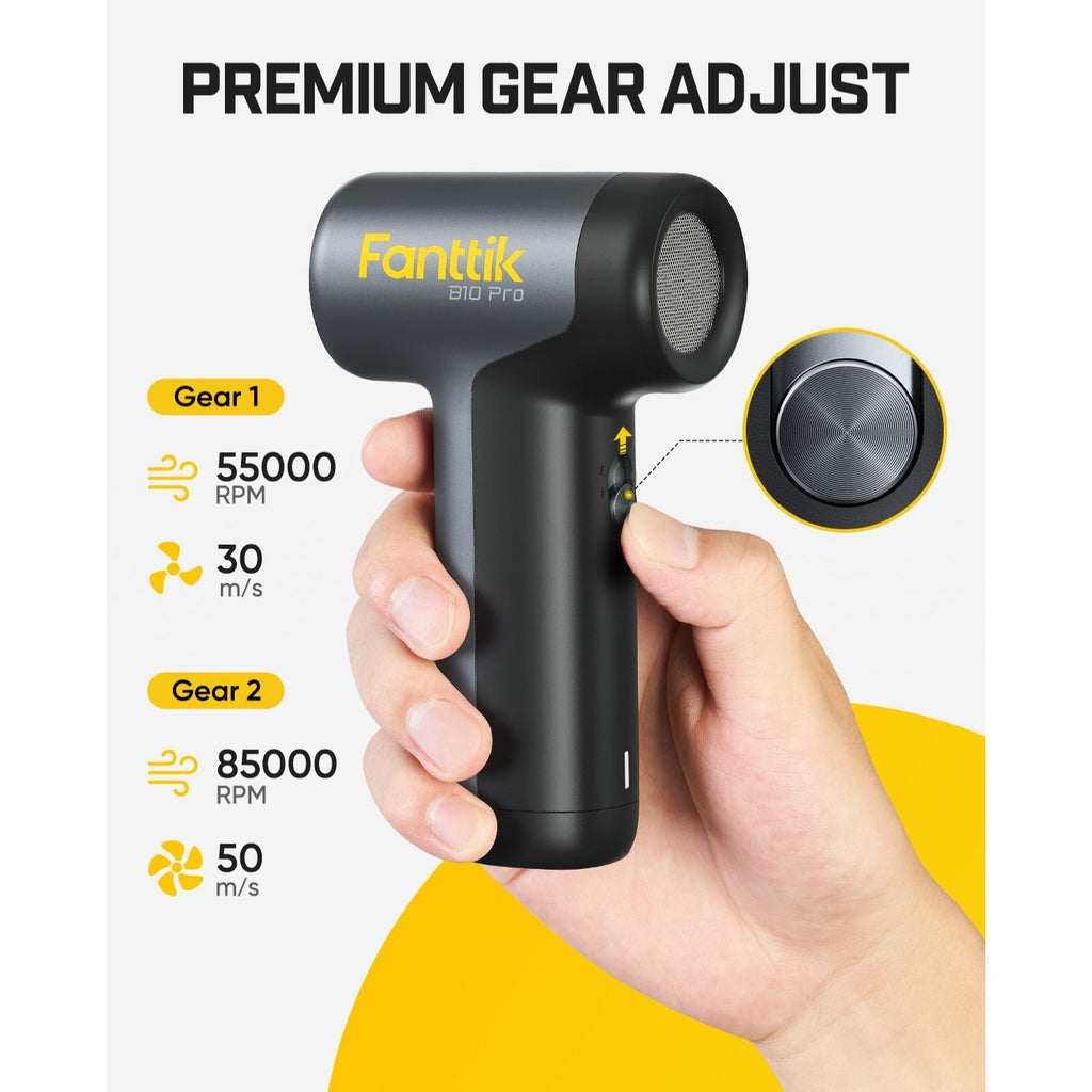 Fanttik B10 Pro electric air duster with 2 gear settings: 55000 RPM and 85000 RPM.