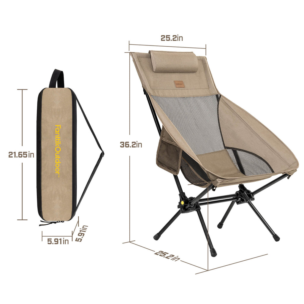FanttikOutdoor Zeta L8 Max Rocker Camping Chair: khaki, lightweight, compact, with dimensions shown for assembled chair and carry bag.