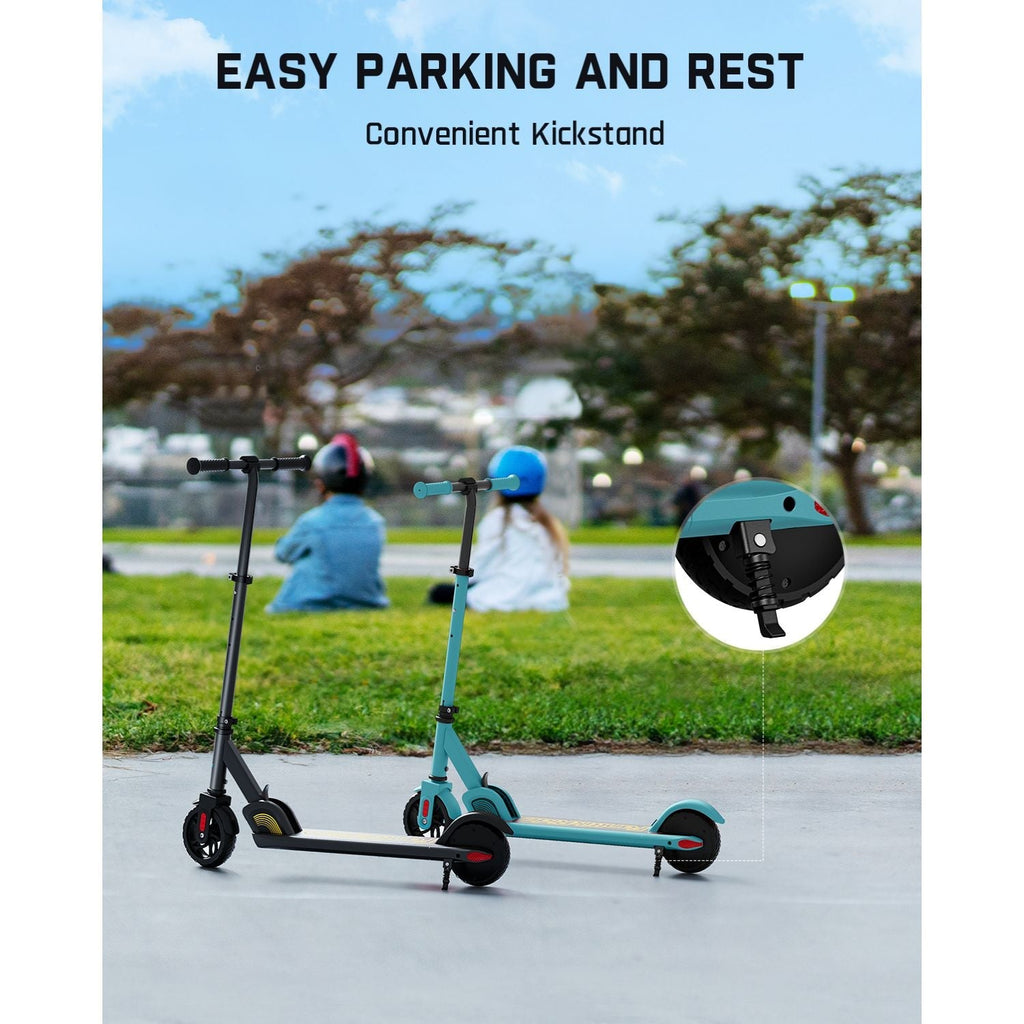 FanttikRide C9 kids electric scooter in teal with kickstand feature, easy parking and rest. Blue and black scooters shown.