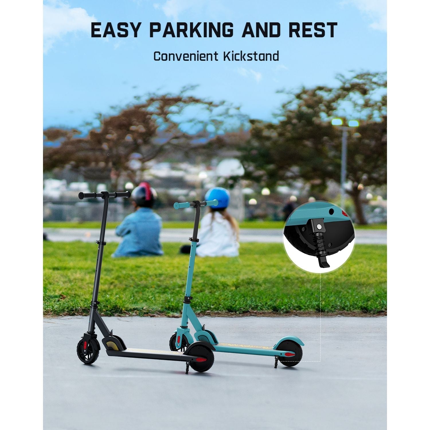 FanttikRide C9 kids electric scooter in teal with kickstand feature, easy parking and rest. Blue and black scooters shown.