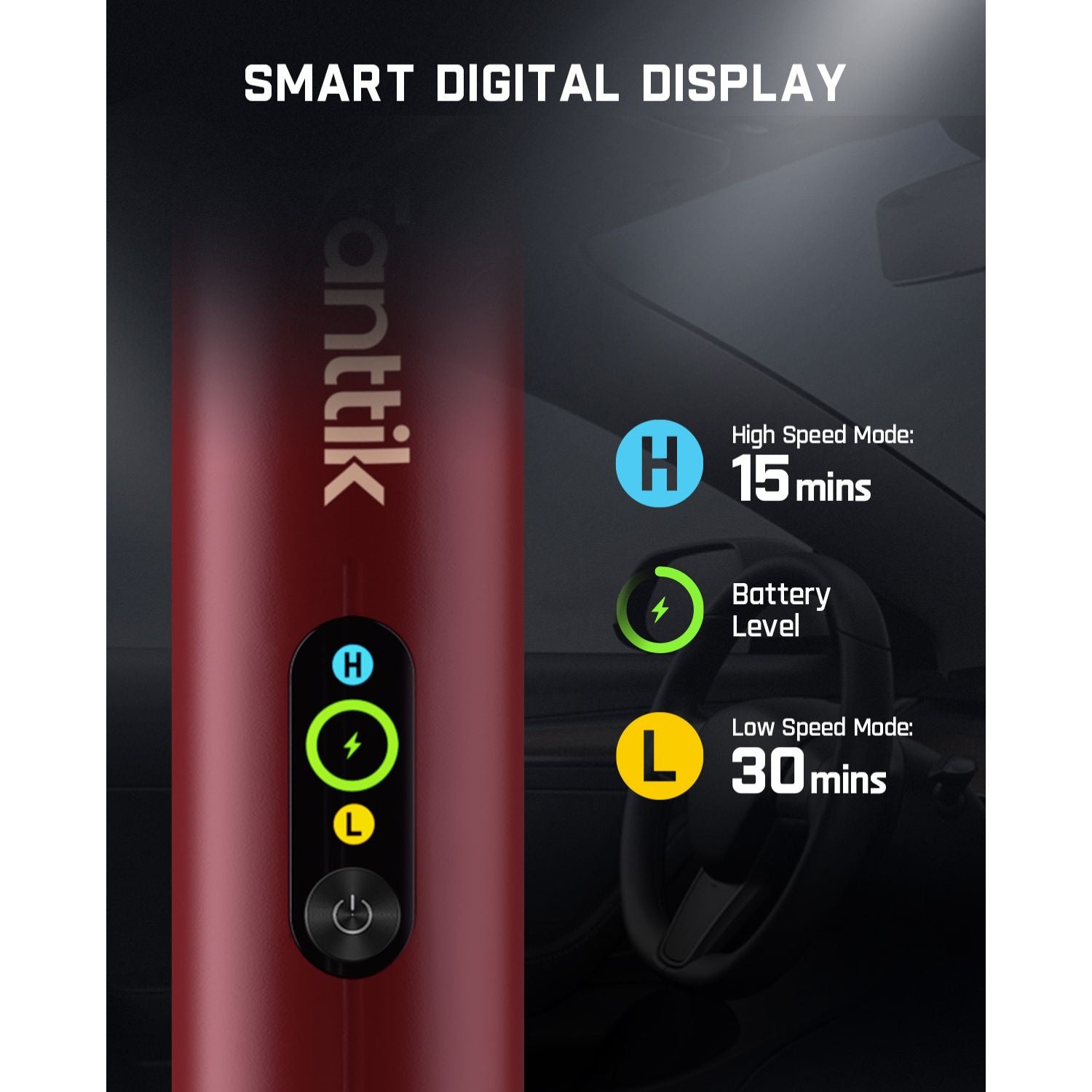 Fanttik Slim V10 Apex vacuum: Smart digital display shows High 15 min, Battery Level, Low 30 min.