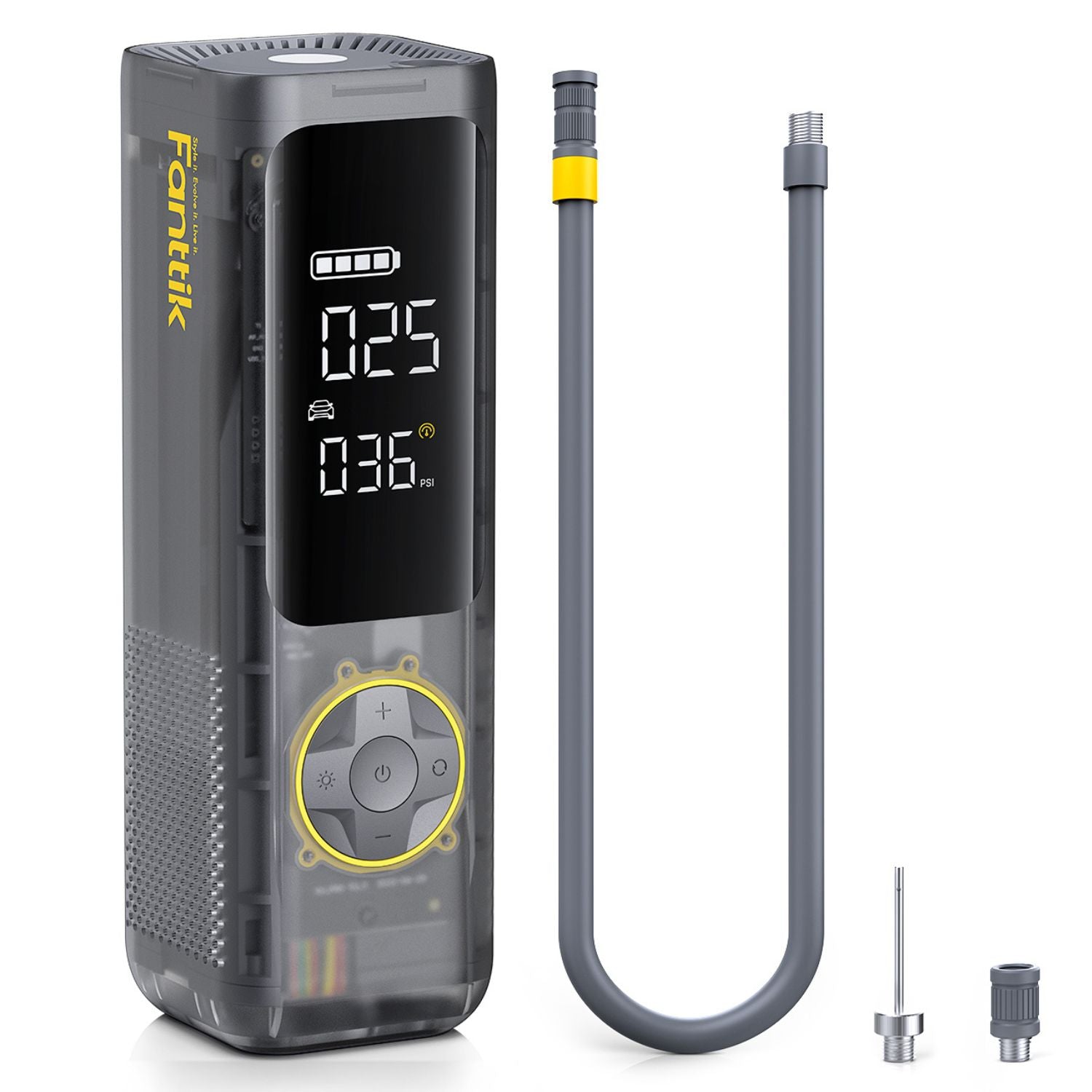 Fanttik X8 APEX tire inflator, mechanical gray, digital display showing tire pressure, with hose and accessories.