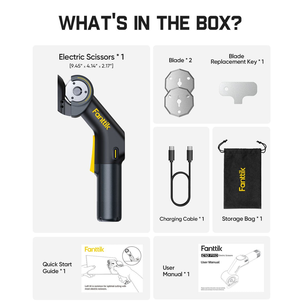 Contents of Fanttik C10 Pro electric scissors box: scissors, blades, key, cable, bag, guides.