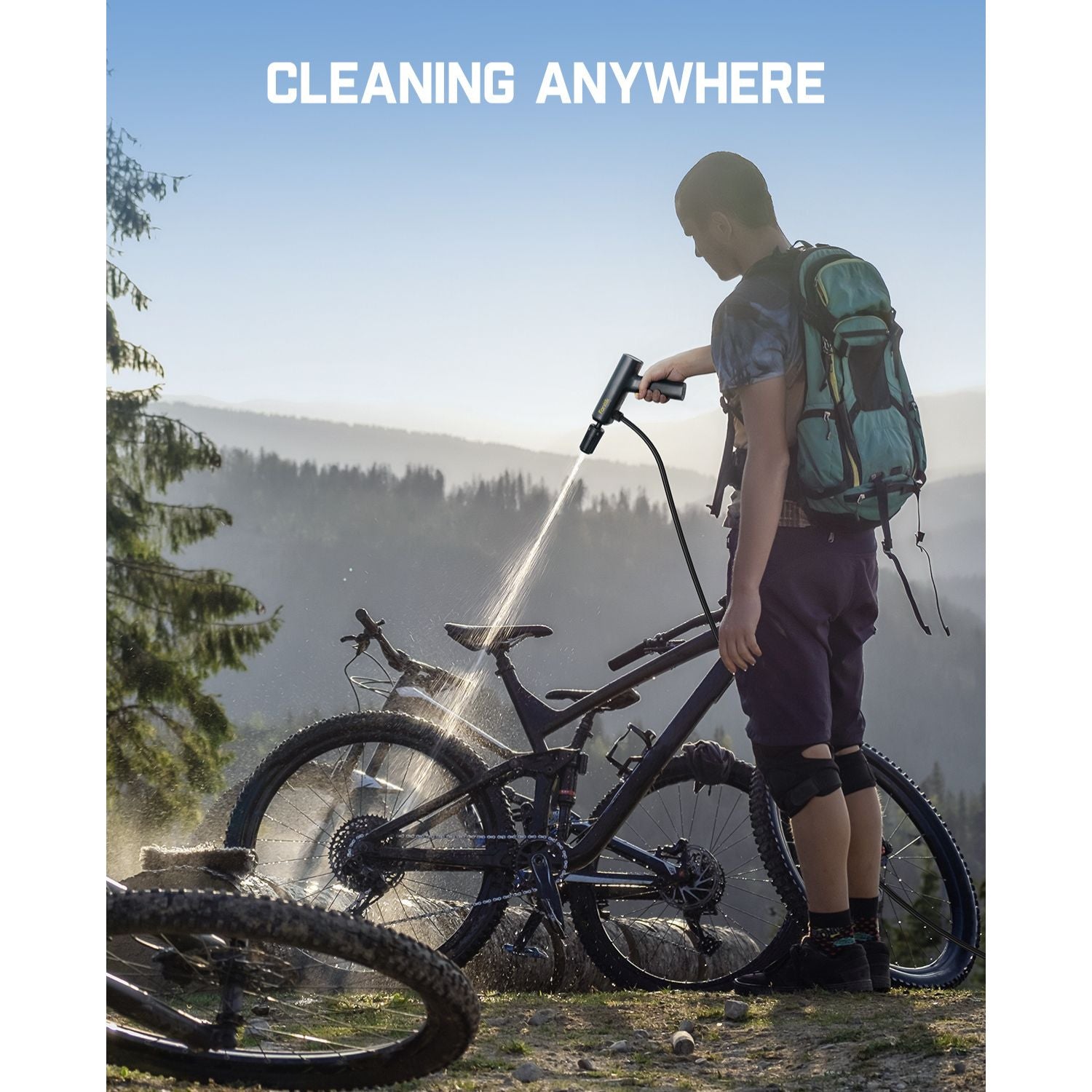 Fanttik NB8 Flip portable cordless electric sprayer cleaning a bicycle outdoors with text 'CLEANING ANYWHERE'