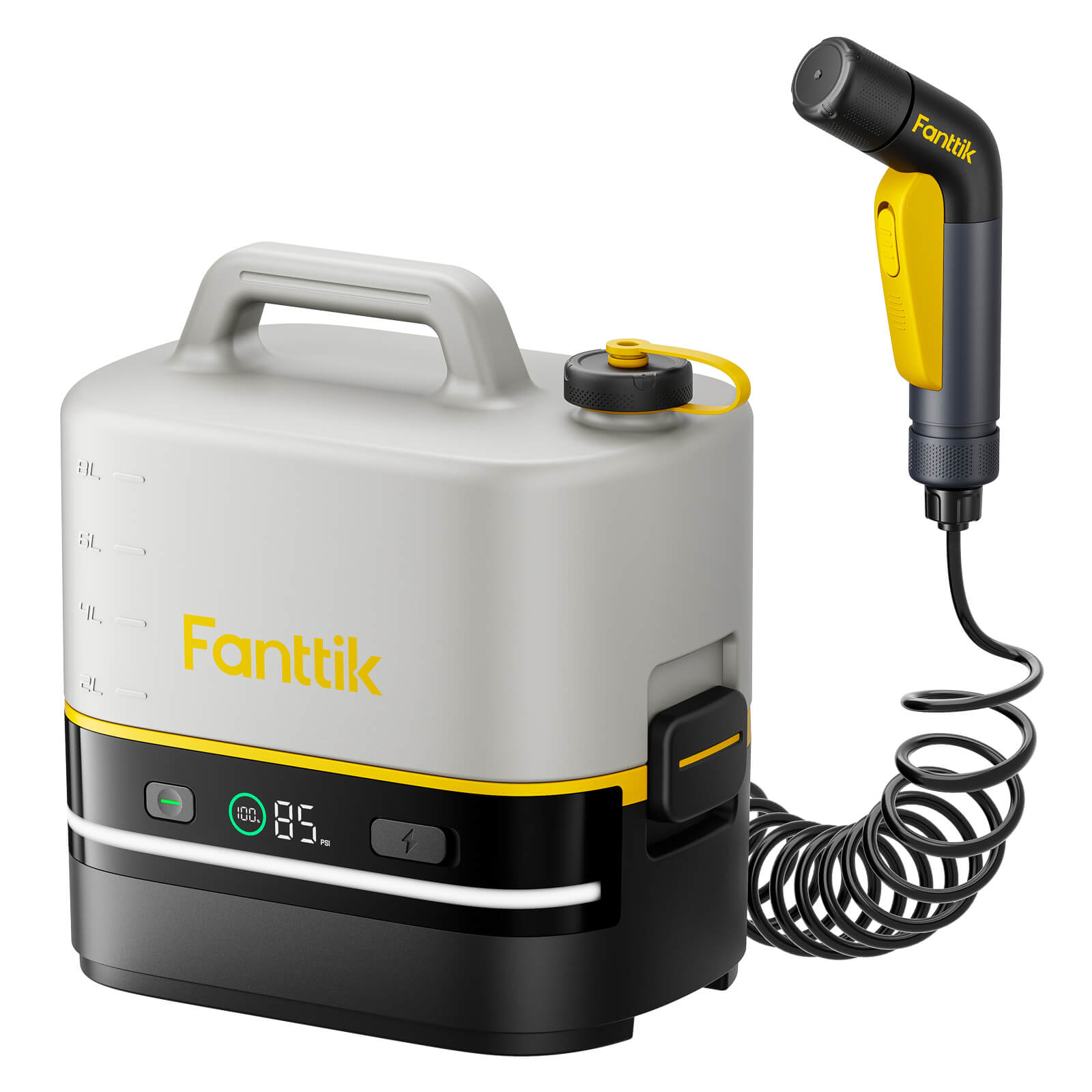 Fanttik NB10 Nano cordless pressure washer with 8L tank, spray gun and coiled hose