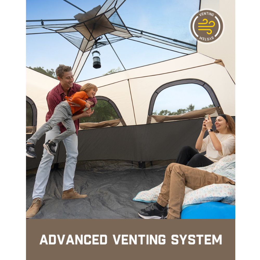FanttikOutdoor Zeta C10 Pro 10 Person Camping Tent with advanced venting system, family enjoying interior.