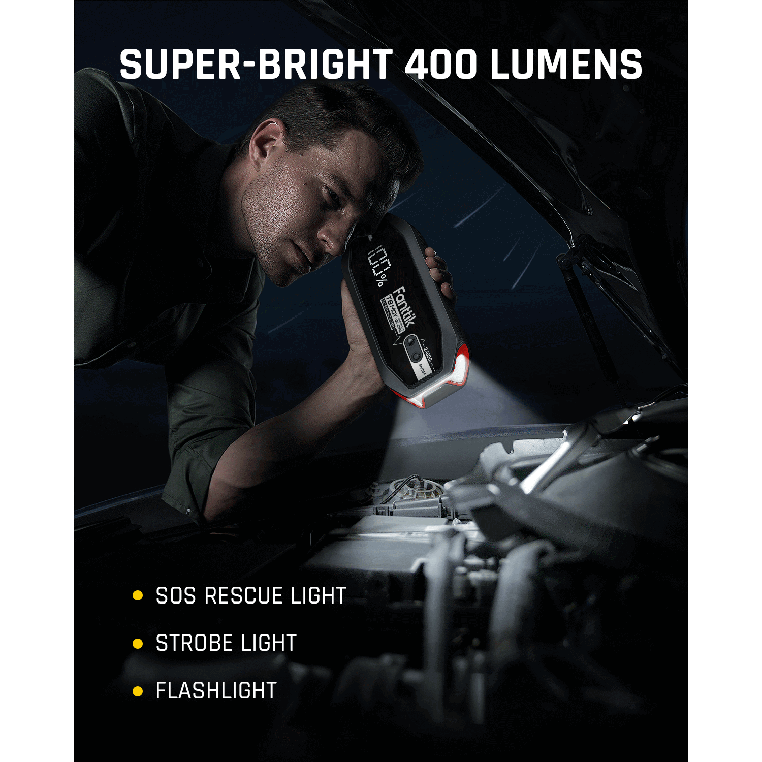 Fanttik T8 MAX jump starter with 400 lumen flashlight, SOS & strobe modes, shown inspecting car engine.