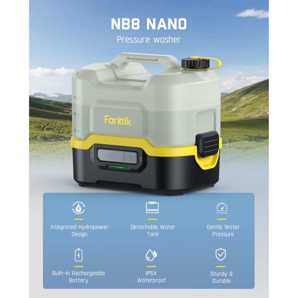 Fanttik NB8 Nano portable pressure washer. Features detachable 8L tank, rechargeable battery, IPX5 waterproof.