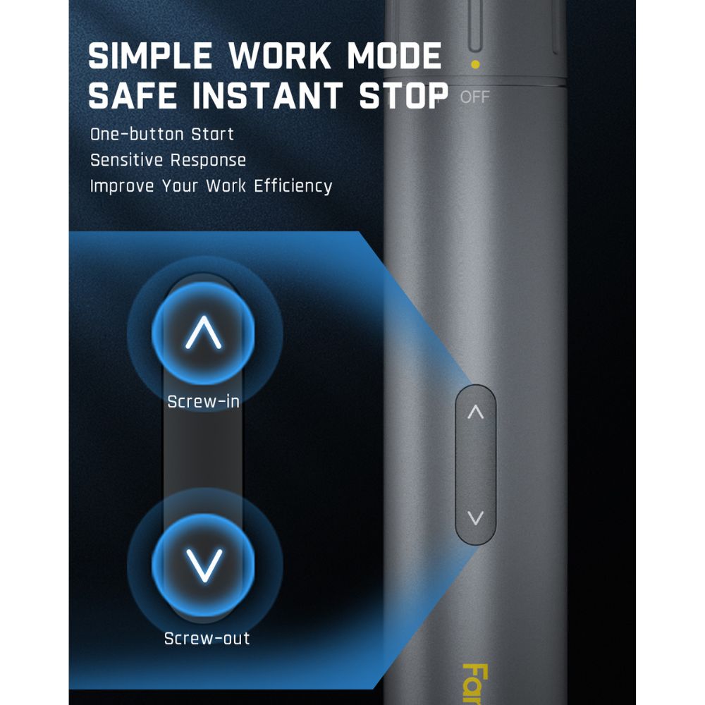 Fanttik S1 Pro electric screwdriver with simple work mode, instant stop, screw-in/out indicators, and efficiency text.