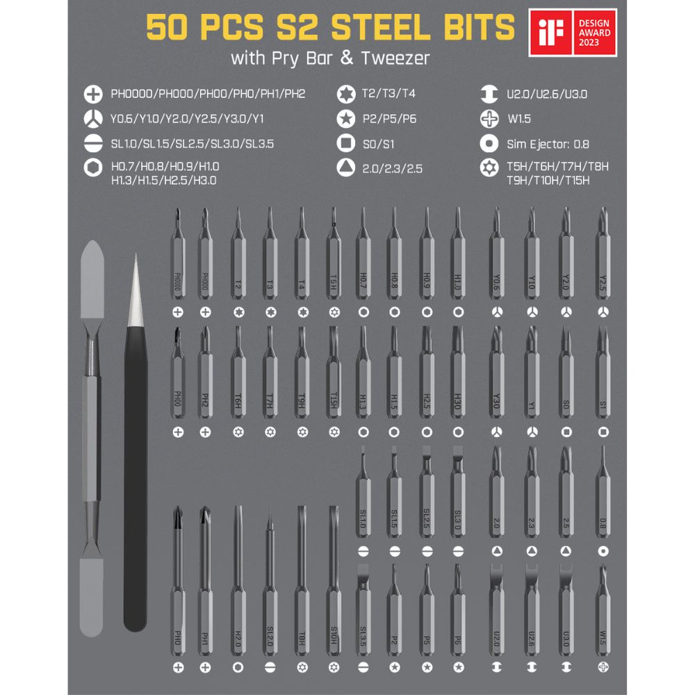 50 pcs S2 steel bits with pry bar and tweezer, Fanttik electric screwdriver accessory set.