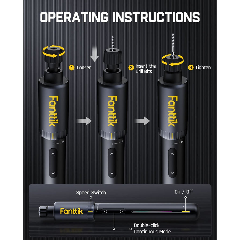 Fanttik K2 Nano drill: loosen, insert bits, tighten. Shows speed switch, LED, and continuous mode.