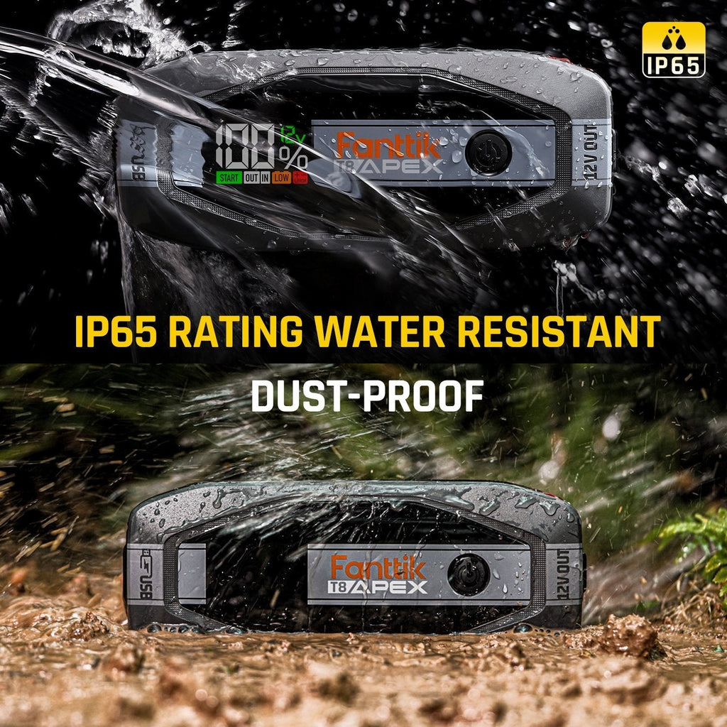 Fanttik T8 APEX 2000 Amp jump starter is water and dust-proof with IP65 rating, showing 100% charge on screen.
