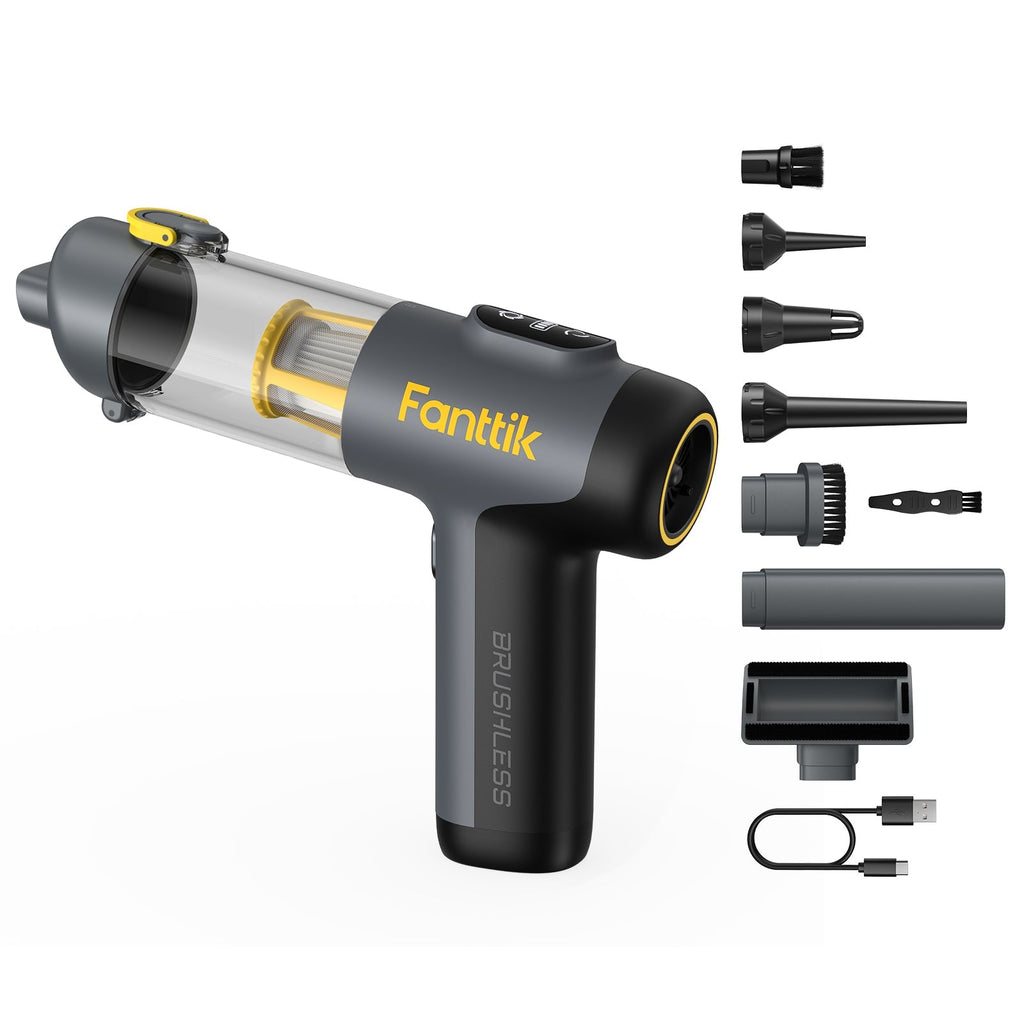 Fanttik Slim V9 Mix car vacuum with accessories and USB-C cable. Powerful brushless motor, transparent dustbin.