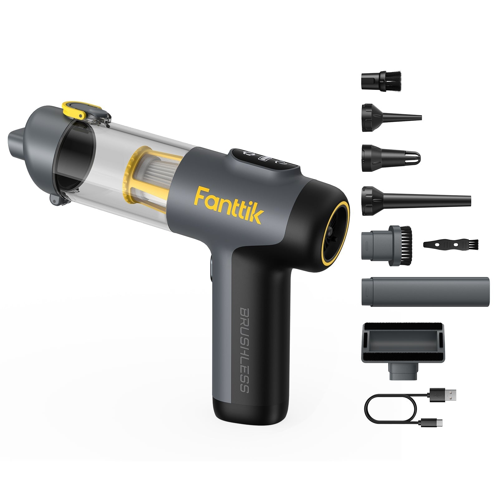 Fanttik Slim V9 Mix car vacuum with accessories and USB-C cable. Powerful brushless motor, transparent dustbin.