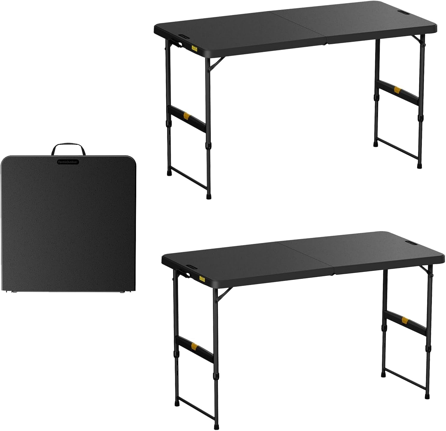 FanttikOutdoor Zeta X4 Pro 4ft folding table, black, two tables shown unfolded and one folded, for outdoor use.