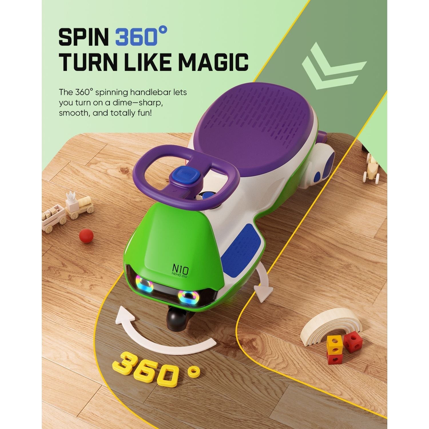 FanttikRide N10 Pro kids electric wiggle car with 360° spinning handlebar, purple and green
