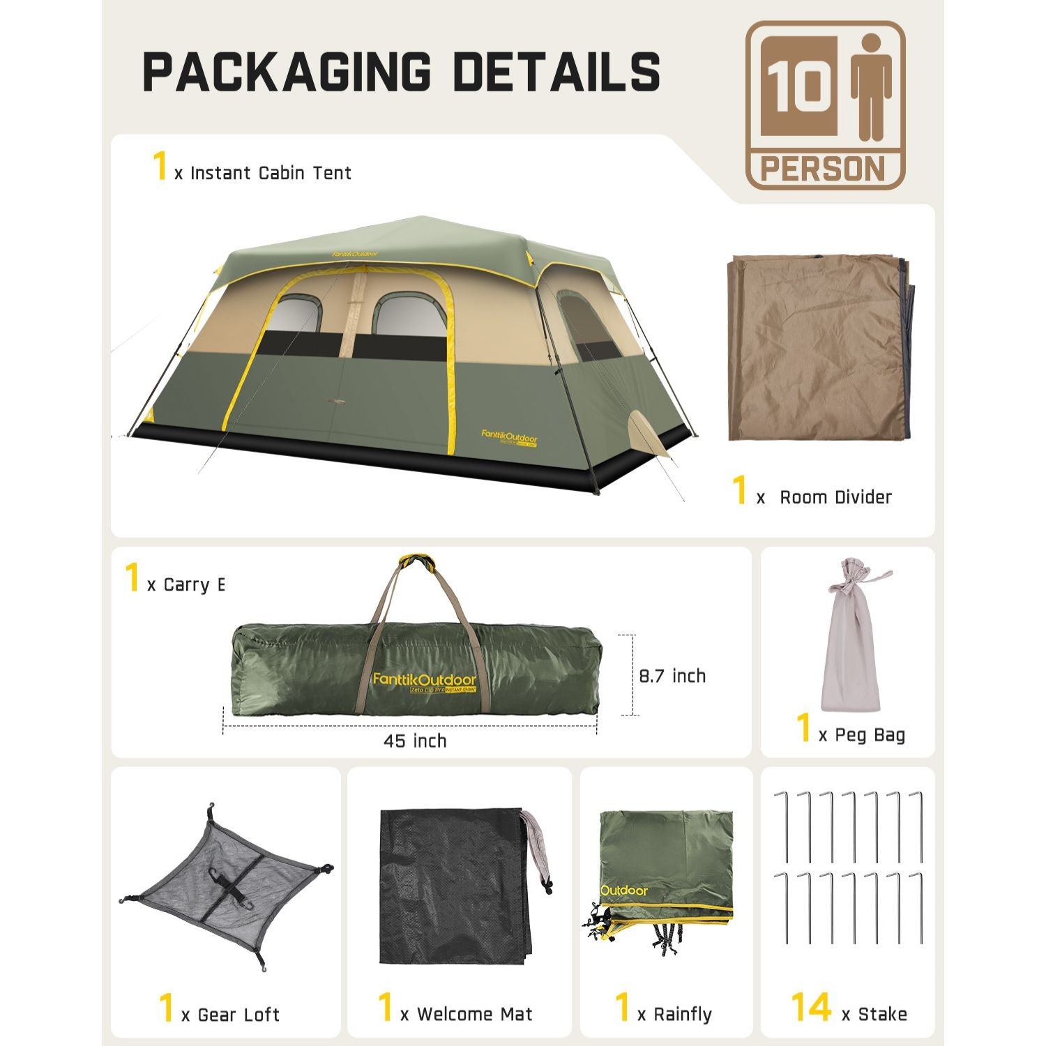 FanttikOutdoor Zeta C10 Pro 10-person tent packaging: instant cabin tent, room divider, carry bag, peg bag, gear loft, welcome mat, rainfly, 14 stakes.