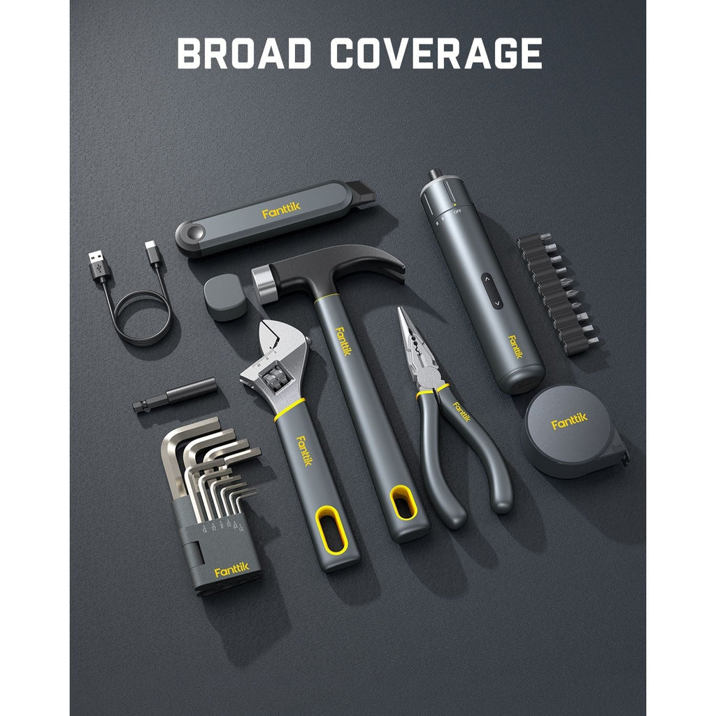 Fanttik S1 NEX Studio electric screwdriver tool kit with hammer, wrench, pliers, hex keys, tape measure, and USB cable