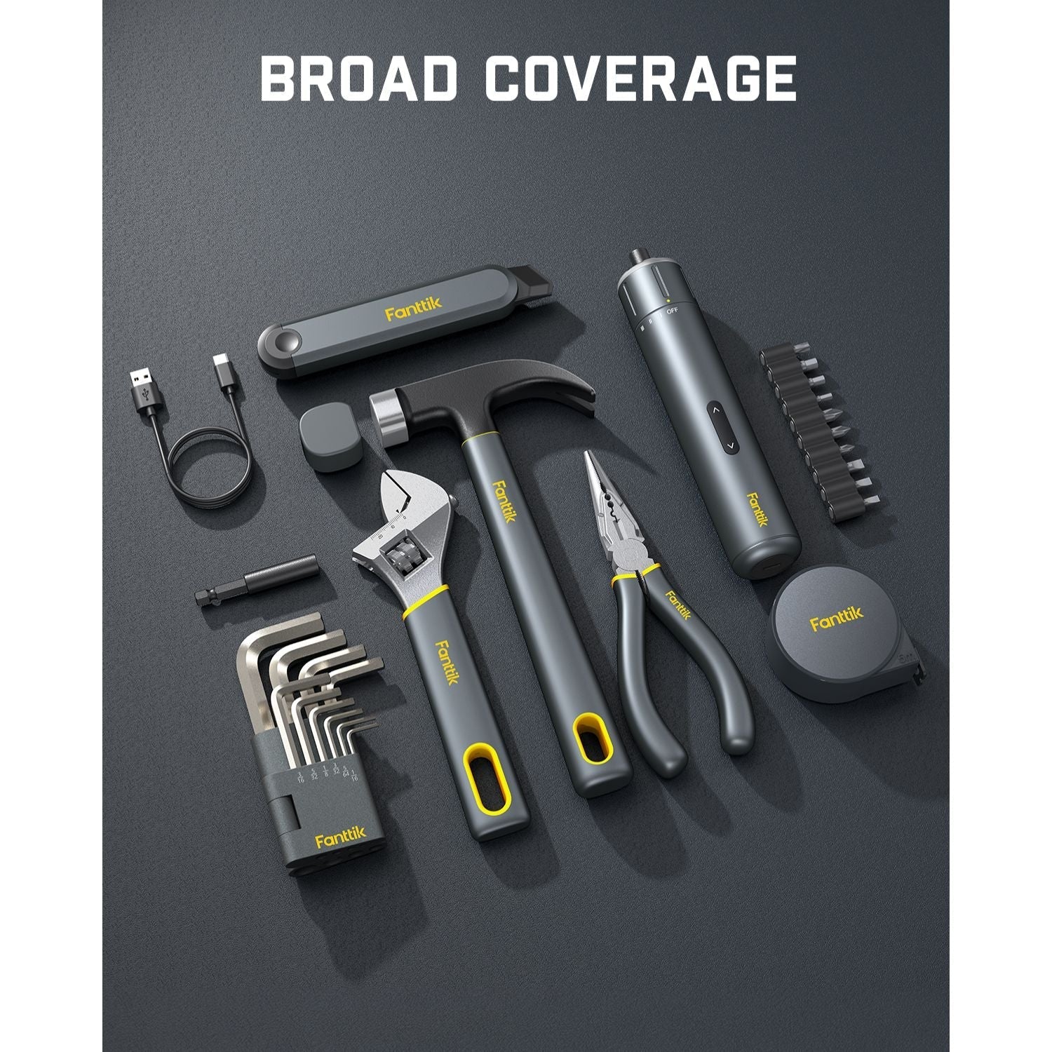Fanttik S1 NEX Studio electric screwdriver tool kit with hammer, wrench, pliers, hex keys, tape measure, and USB cable