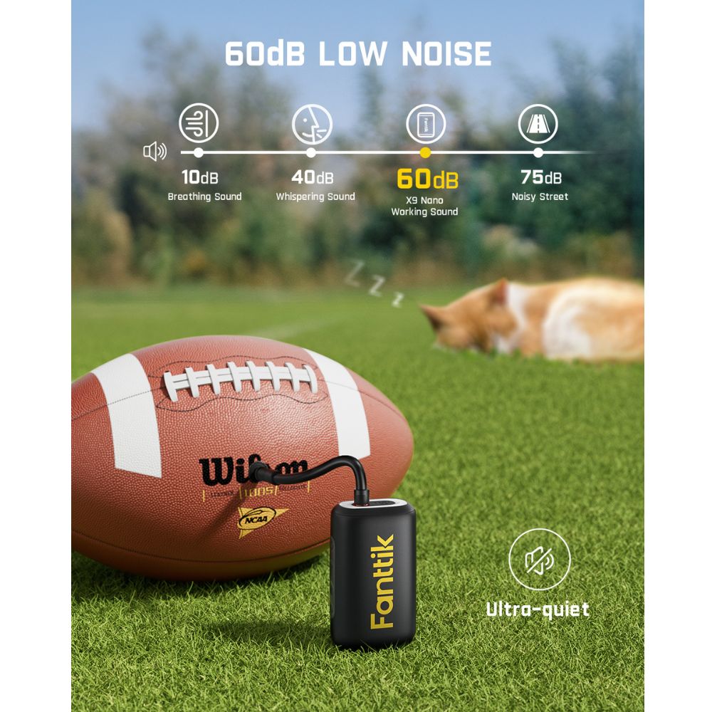 Fanttik X9 Nano electric ball pump with football, highlighting 60dB low noise and ultra-quiet operation.