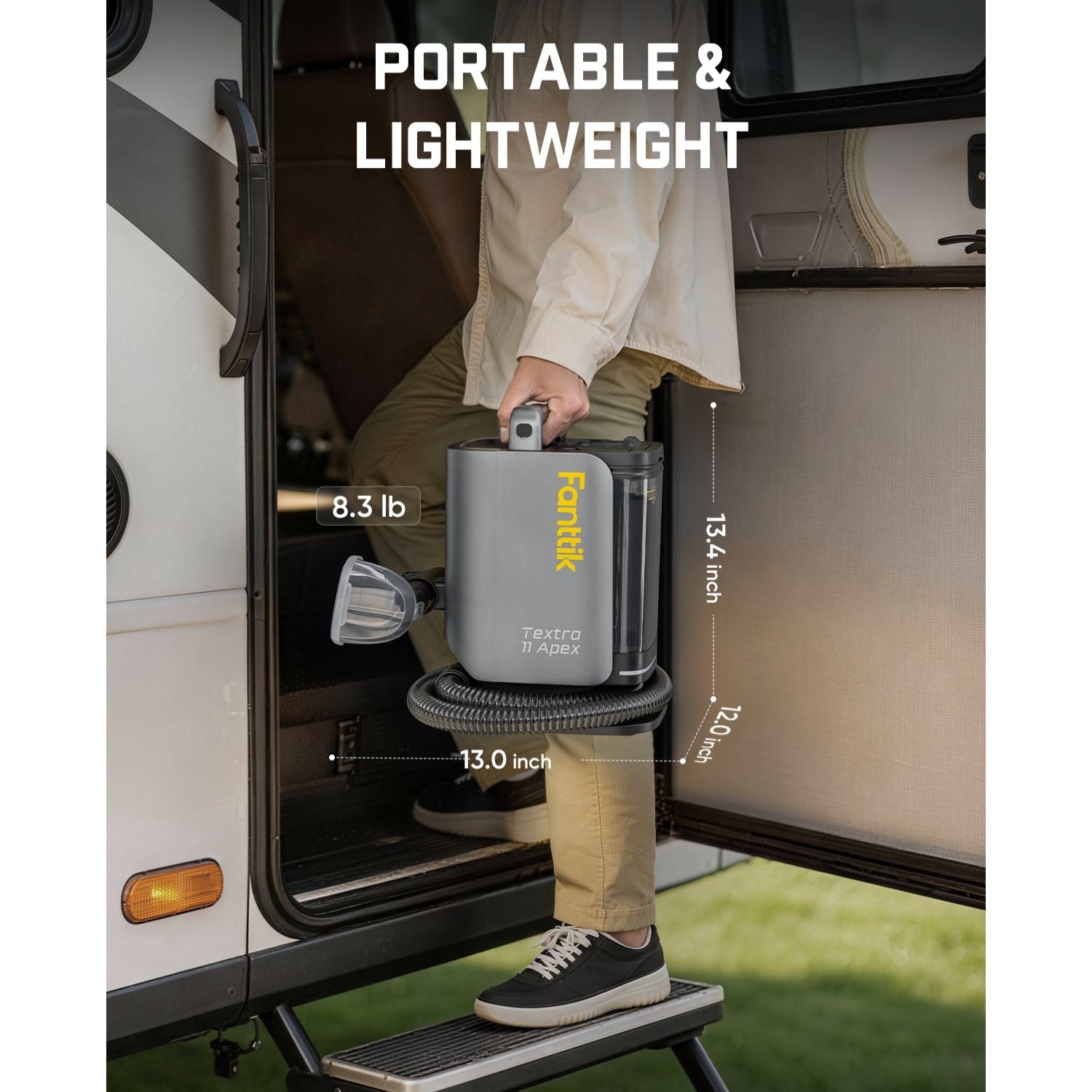 Person holding a Fanttik  Cordless Carpet and Upholstery Cleaner with text indicating 'Portable & Lightweight' and dimensions.