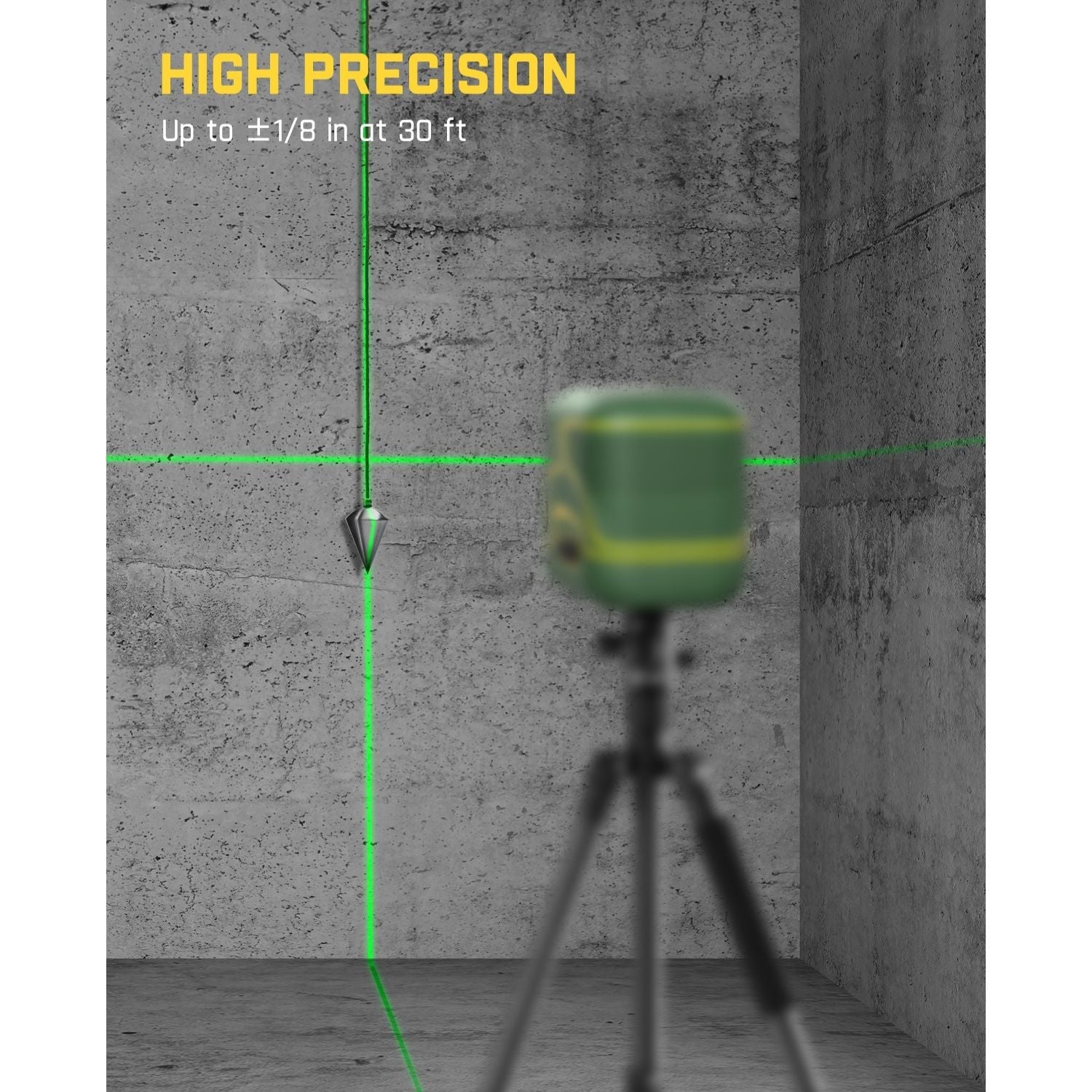 Fanttik D2 laser level with green lines, showing high precision (±1/8 in at 30 ft) on concrete wall.