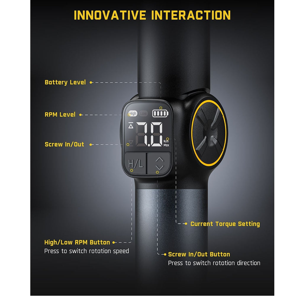 Fanttik Fold S1 APEX screwdriver display: torque (70 N.m), battery, RPM, screw direction. Buttons for speed, direction.