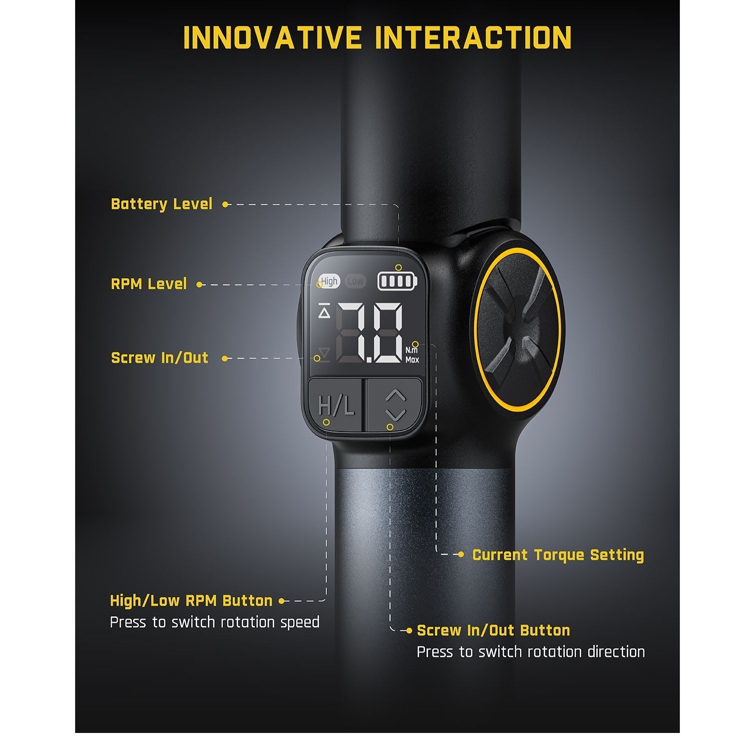 Fanttik Fold S1 APEX screwdriver display: torque (70 N.m), battery, RPM, screw direction. Buttons for speed, direction.