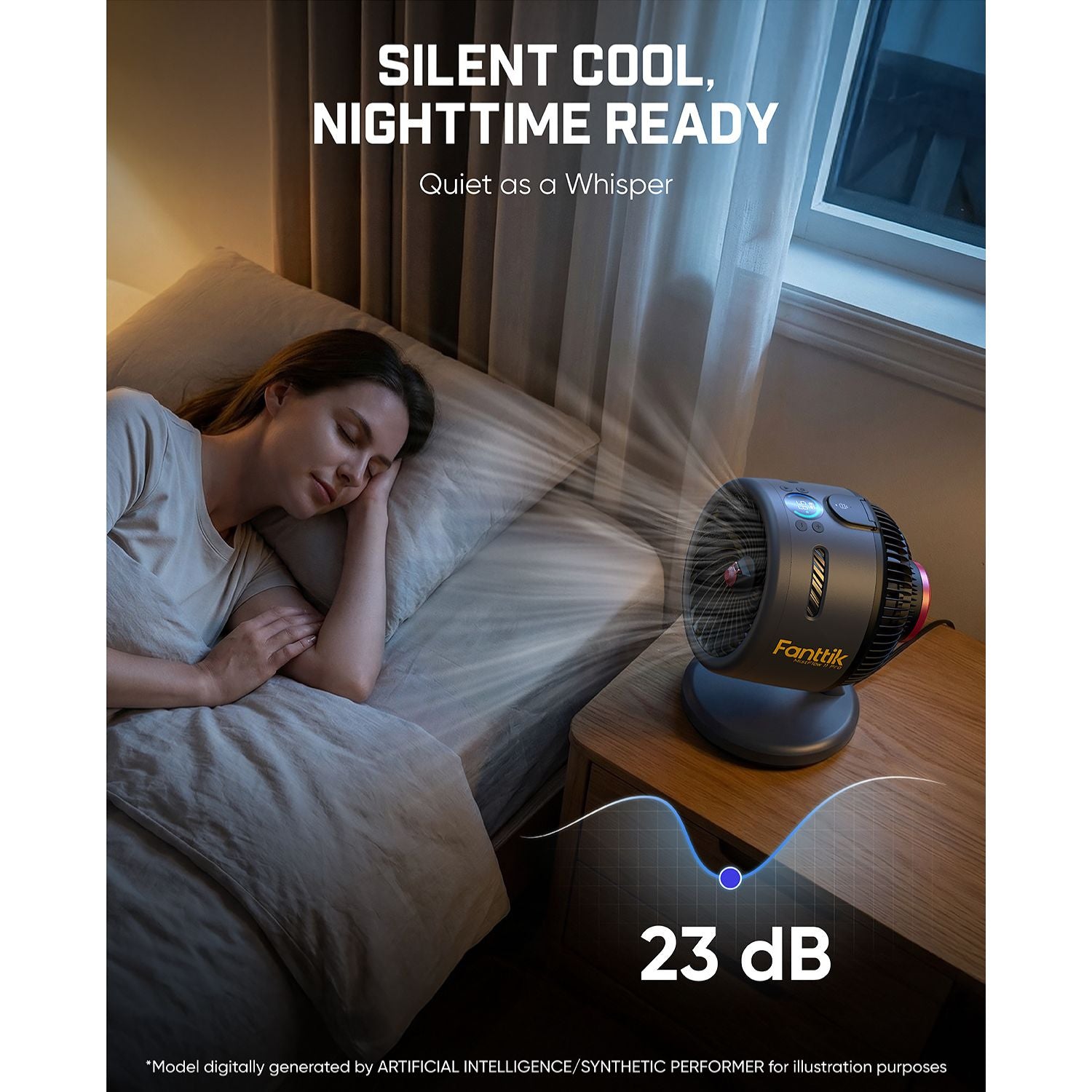 Woman sleeping in bed with a Fanttik MistFlow 11 Pro Cordless Misting Fan on a nightstand, text indicating 'Silent Cool, Nighttime Ready' and '23 dB'.