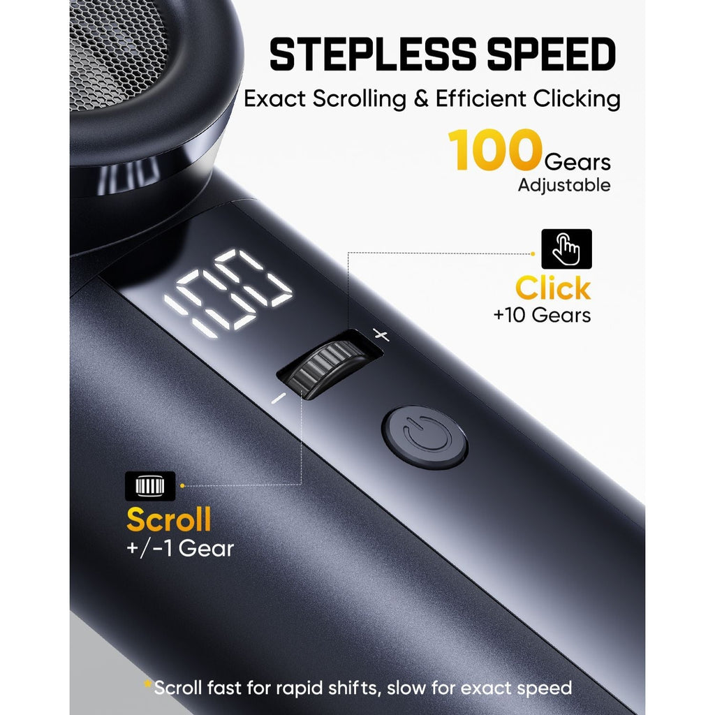Fanttik B11 Apex Electric Air Duster with digital display and scroll wheel, highlighting stepless speed and adjustable gears.