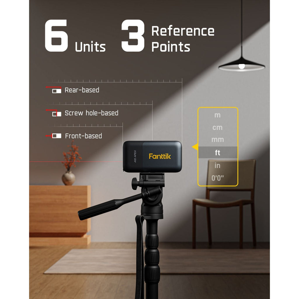 Fanttik A10 Apex laser measure meter with 6 units, 3 reference points (rear, screw hole, front), and units m, cm, mm, ft, in.