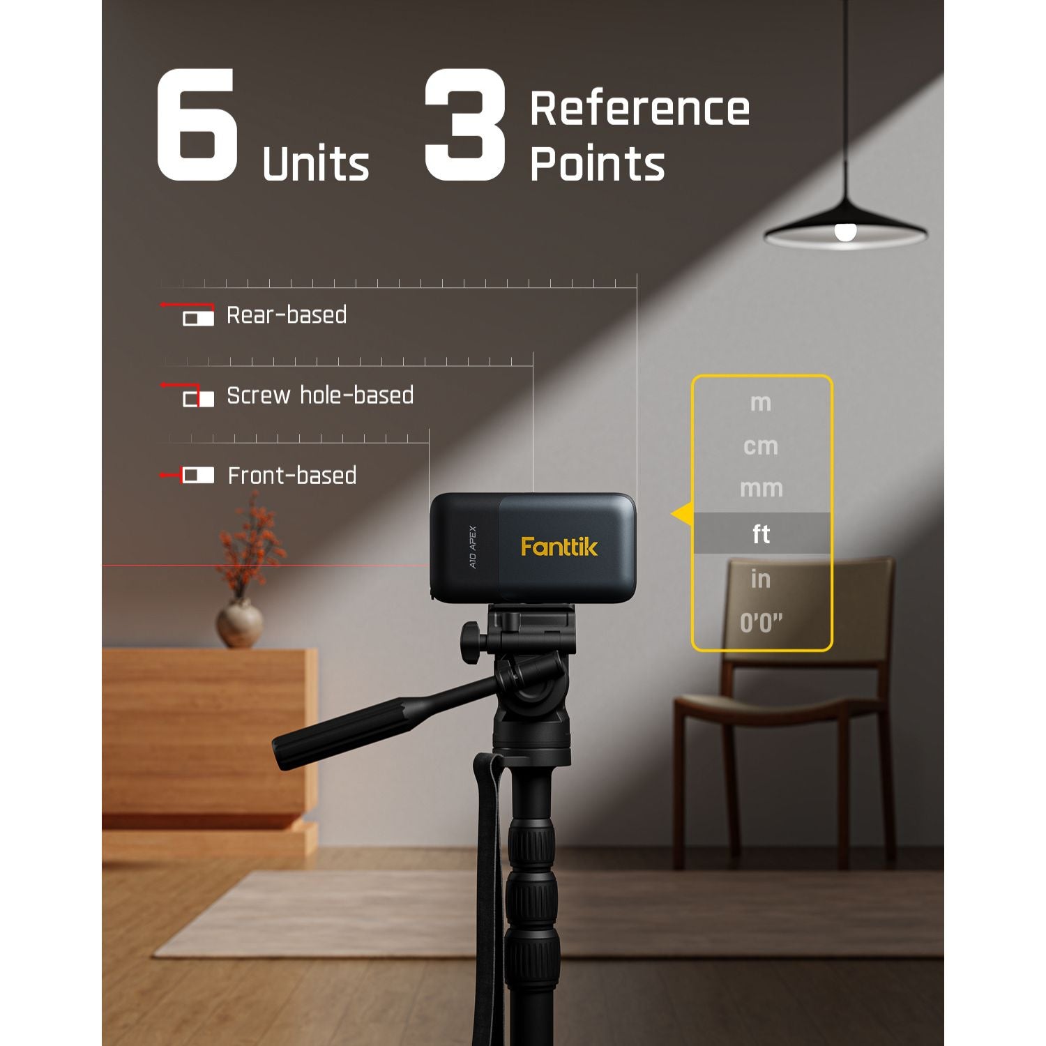 Fanttik A10 Apex laser measure meter with 6 units, 3 reference points (rear, screw hole, front), and units m, cm, mm, ft, in.