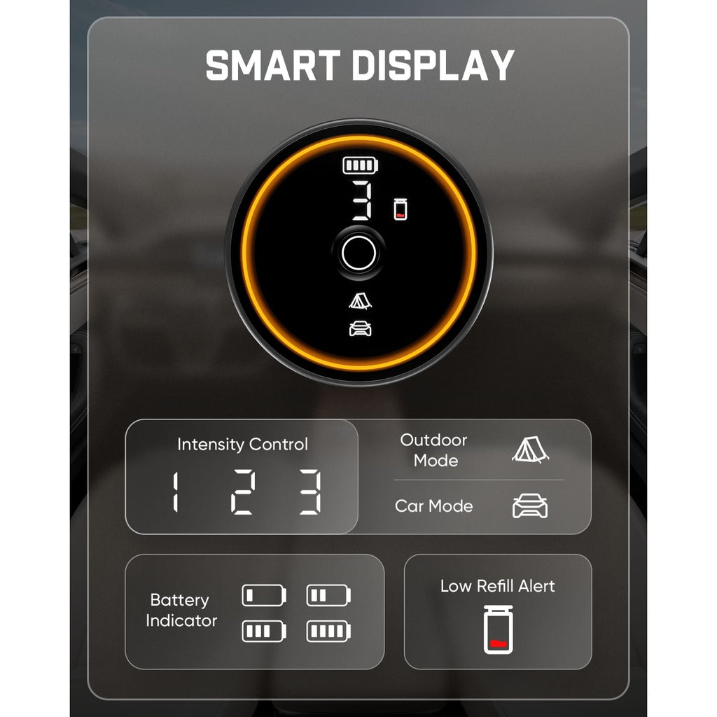 Fanttik N10 Smart Car Air Freshener's smart display with various indicators and controls on a dark background