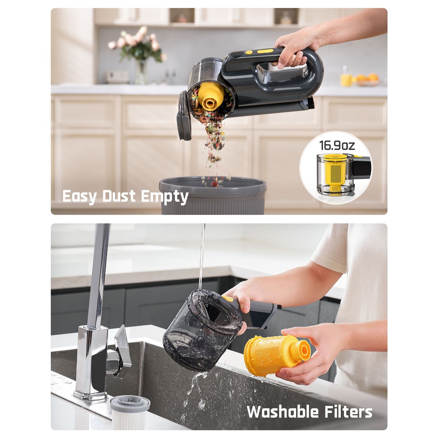 Fanttik Fold V10 Ultra: Easy dust empty into bin & washable filter cleaning under a faucet.