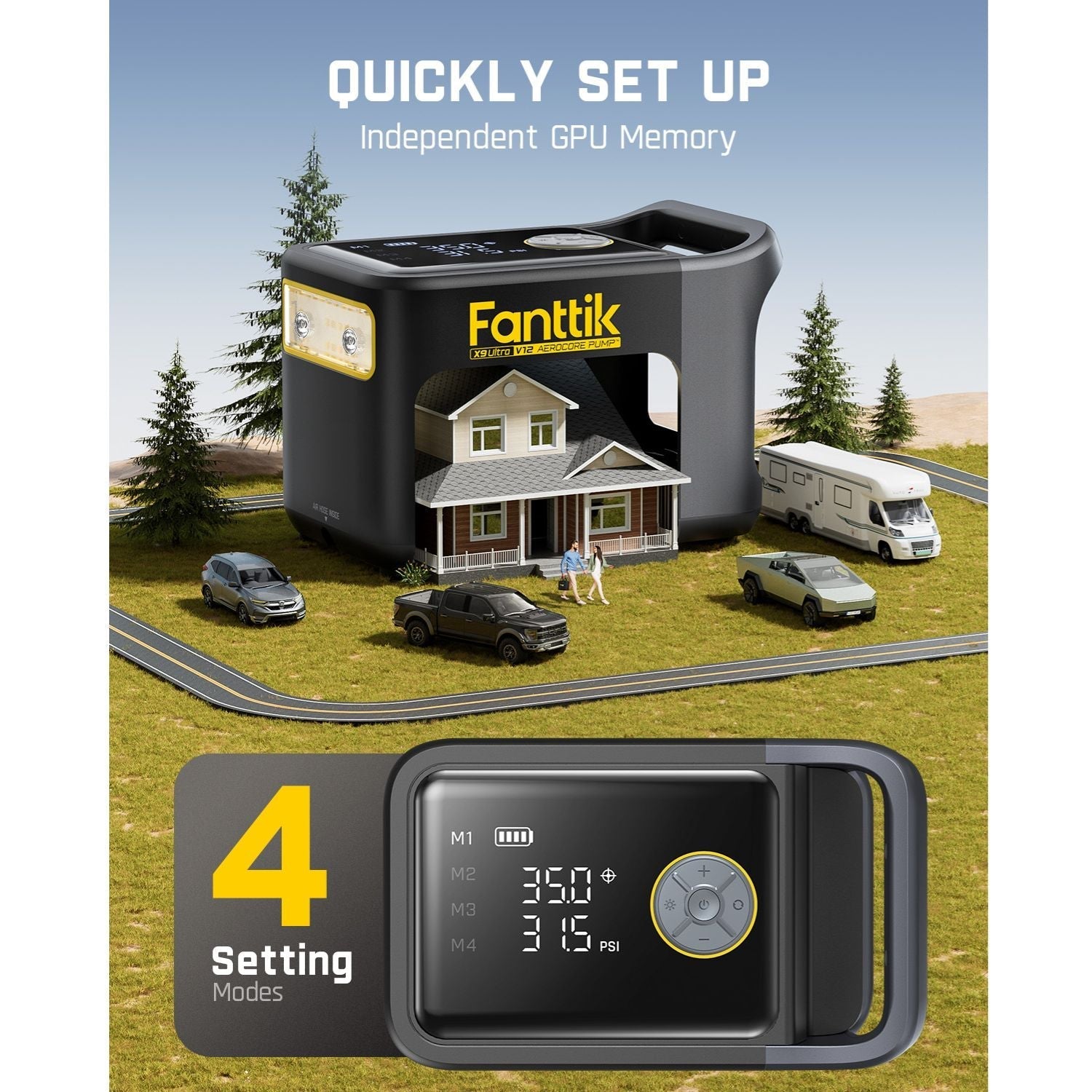 Fanttik X9 Ultra Tire Inflator showcased in a miniature road setting with trees, houses, and vehicles, Quick Setup and 4 Setting Modes features displayed.