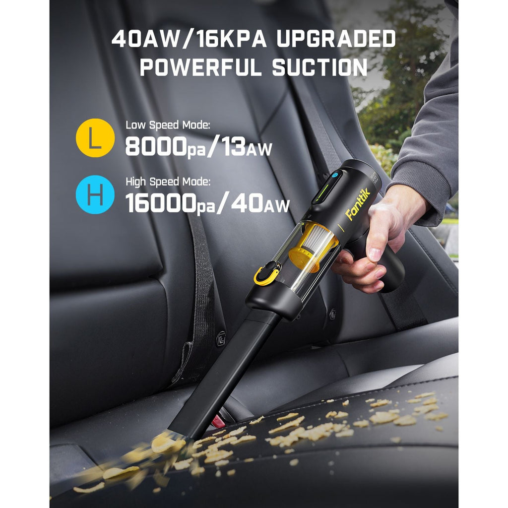 Fanttik Slim V10 Mix car vacuum demonstrating powerful suction on car seats, highlighting 16000Pa/40AW high-speed mode.