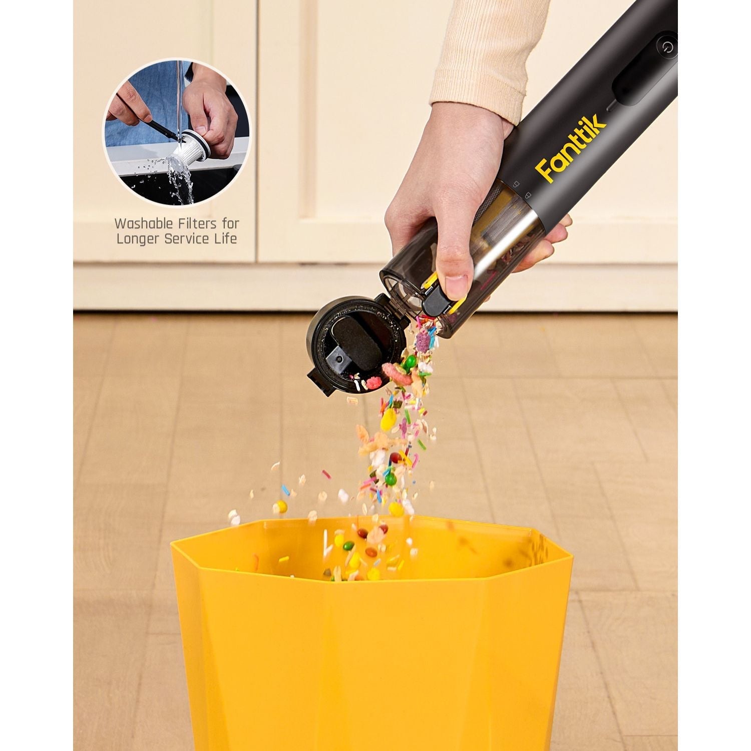 Fanttik Slim V10 Apex cordless car vacuum emptying debris into trash; features washable filters.