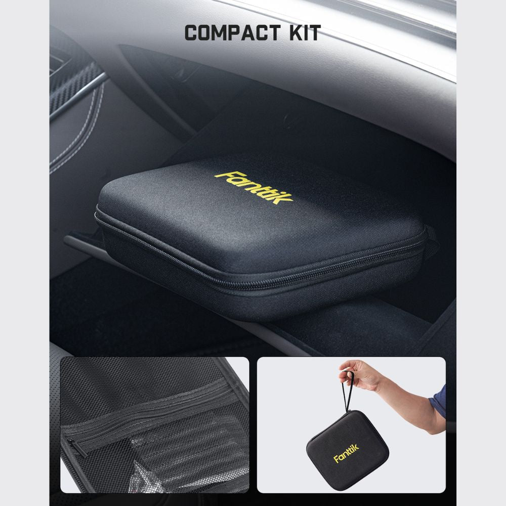 Fanttik tire repair kit in compact zippered case, ideal for car storage and travel.