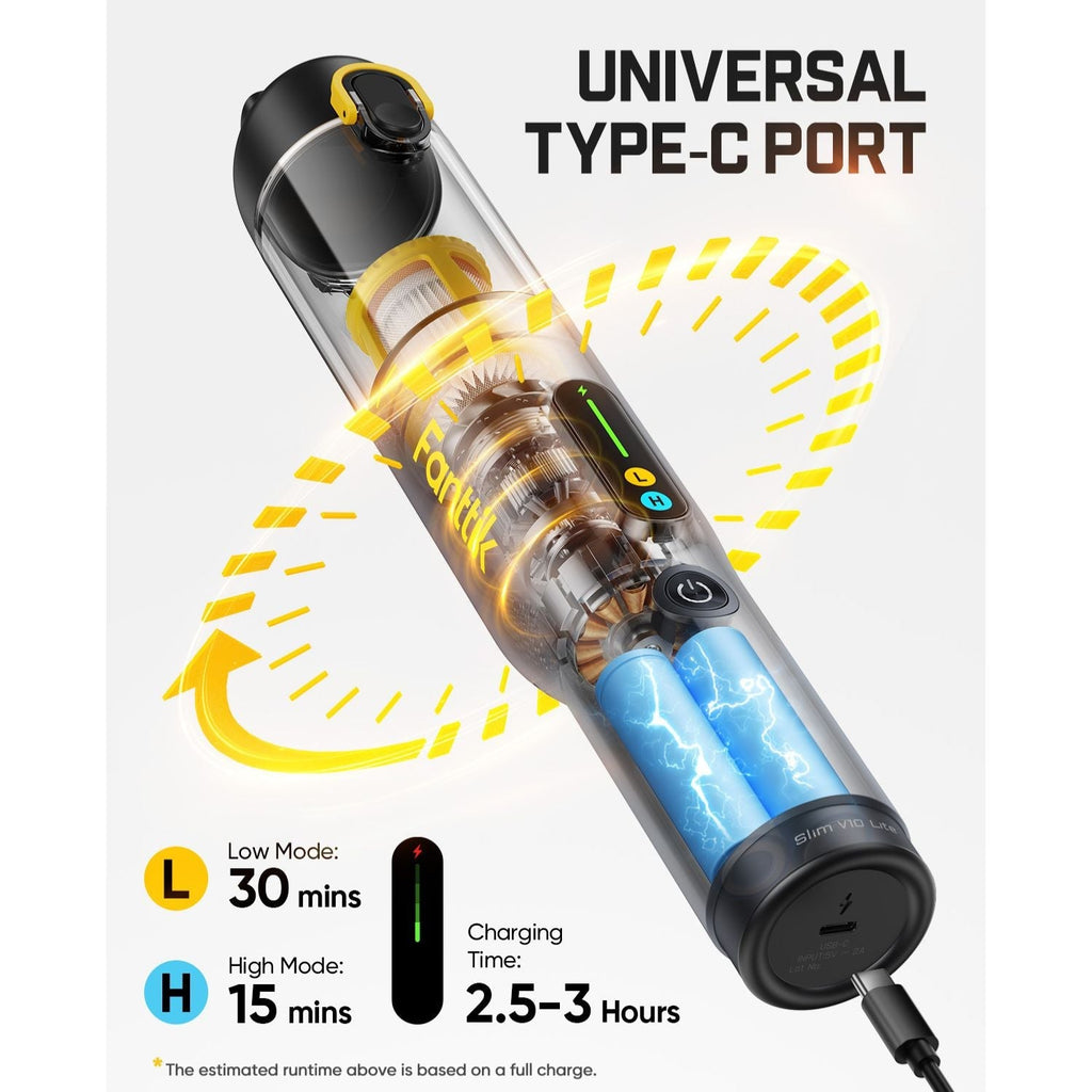 Fanttik Slim V10 Lite vacuum: universal Type-C port, 30 min low mode, 15 min high mode, 2.5-3 hr charging.