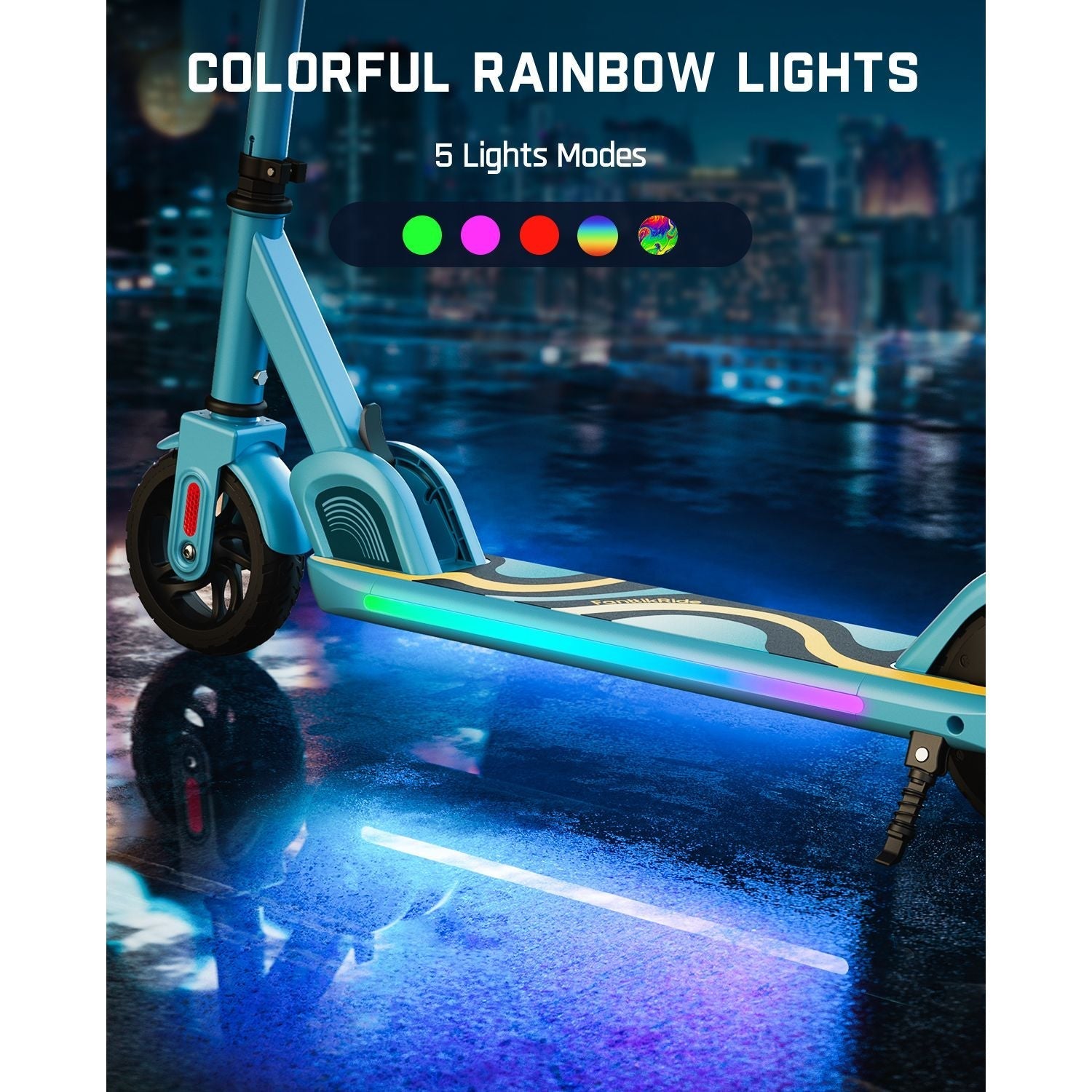 Blue FanttikRide C9 Pro kids electric scooter with colorful rainbow LED lights on deck and 5 light modes.