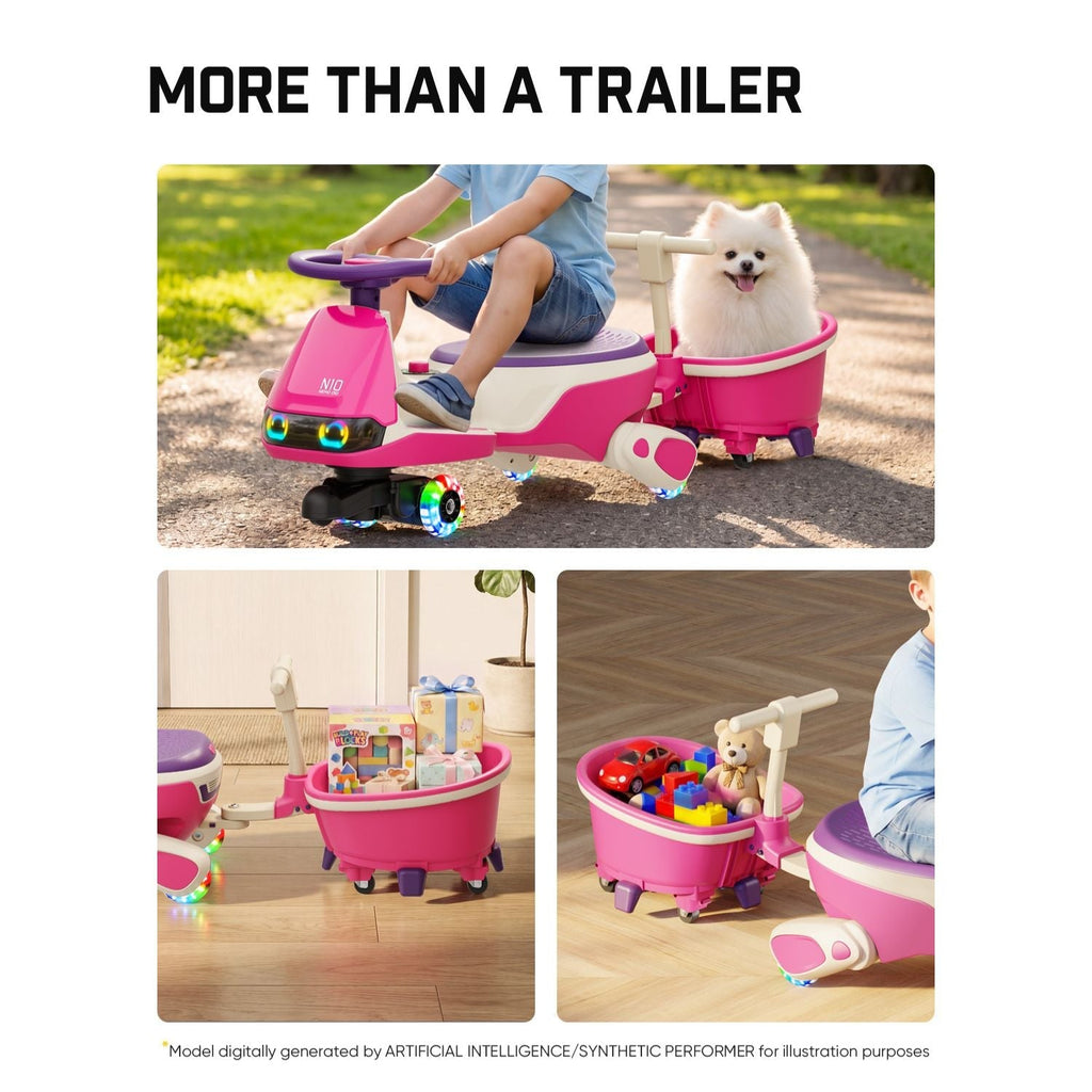 Pink FanttikRide N10 trailer for kids' wiggle car, with storage basket and handle