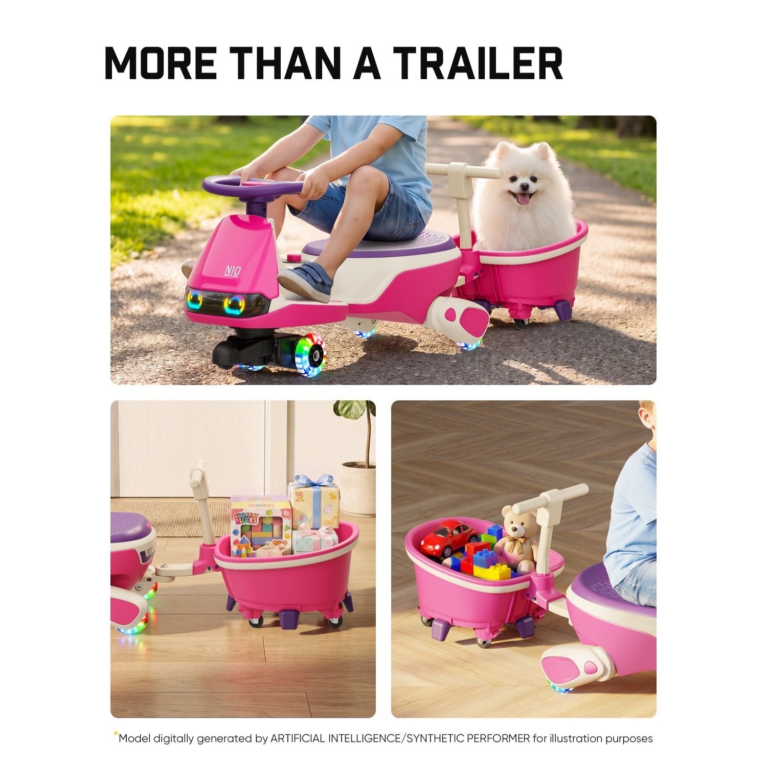 Pink FanttikRide N10 trailer for kids' wiggle car, with storage basket and handle