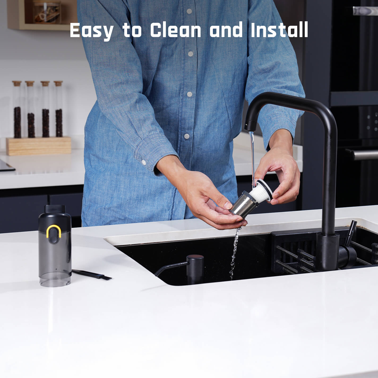 Fanttik HEPA filter being rinsed under a faucet for easy cleaning and installation with V8 Mate/X10 Mix car vacuum.