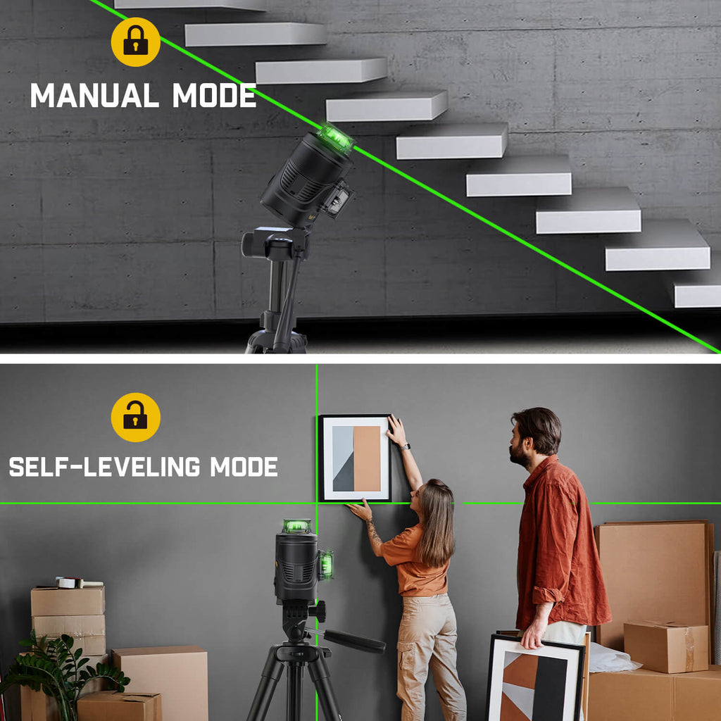 Fanttik D12 PLUS laser level in manual mode on stairs and self-leveling mode with people hanging art.